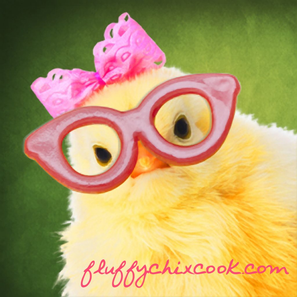 fluffy chix cook headshot of chick in pink glasses with pink bow