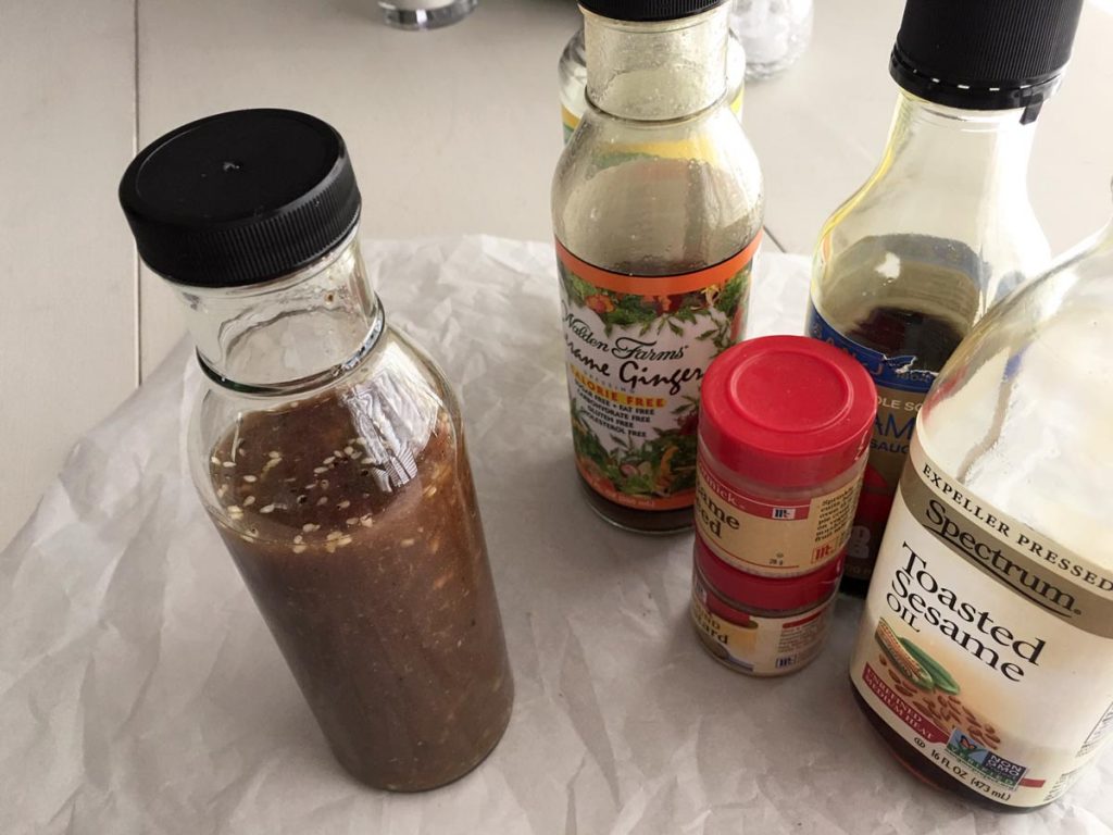 bottle cheater sesame ginger dressing and part of recipe ingredients