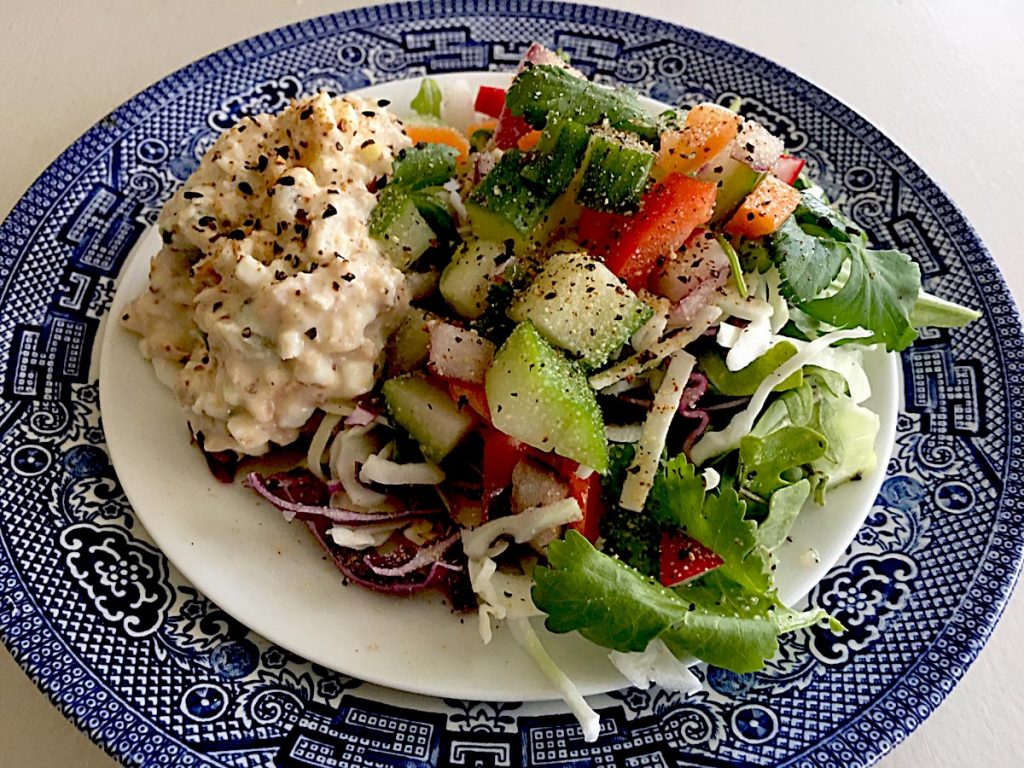 crunchy confetti chopped salad with a scoop of healthy tuna salad