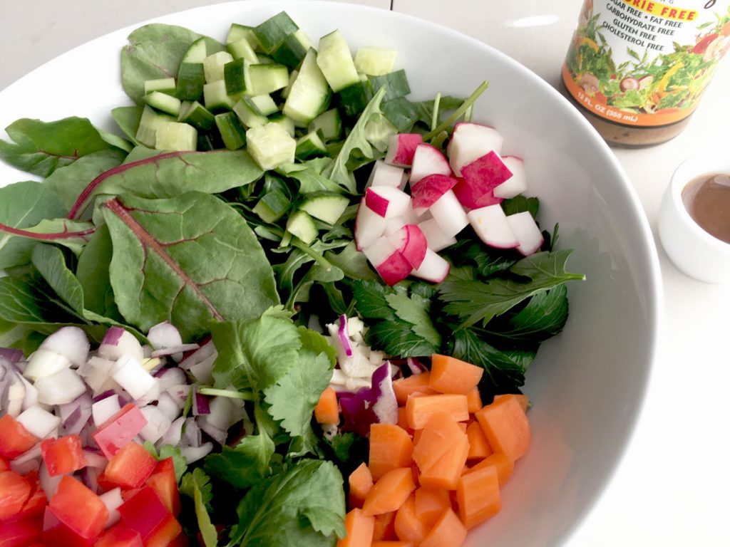 crunchy confetti chopped salad with walden farms sesame ginger calorie free dressing