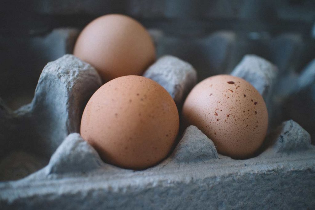 three brown eggs in a gray egg carton
