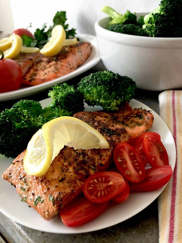 mustard crusted salmon plate with lemon
